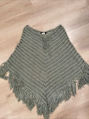 hazel Olive Green Crochet Fringe Poncho Sweater